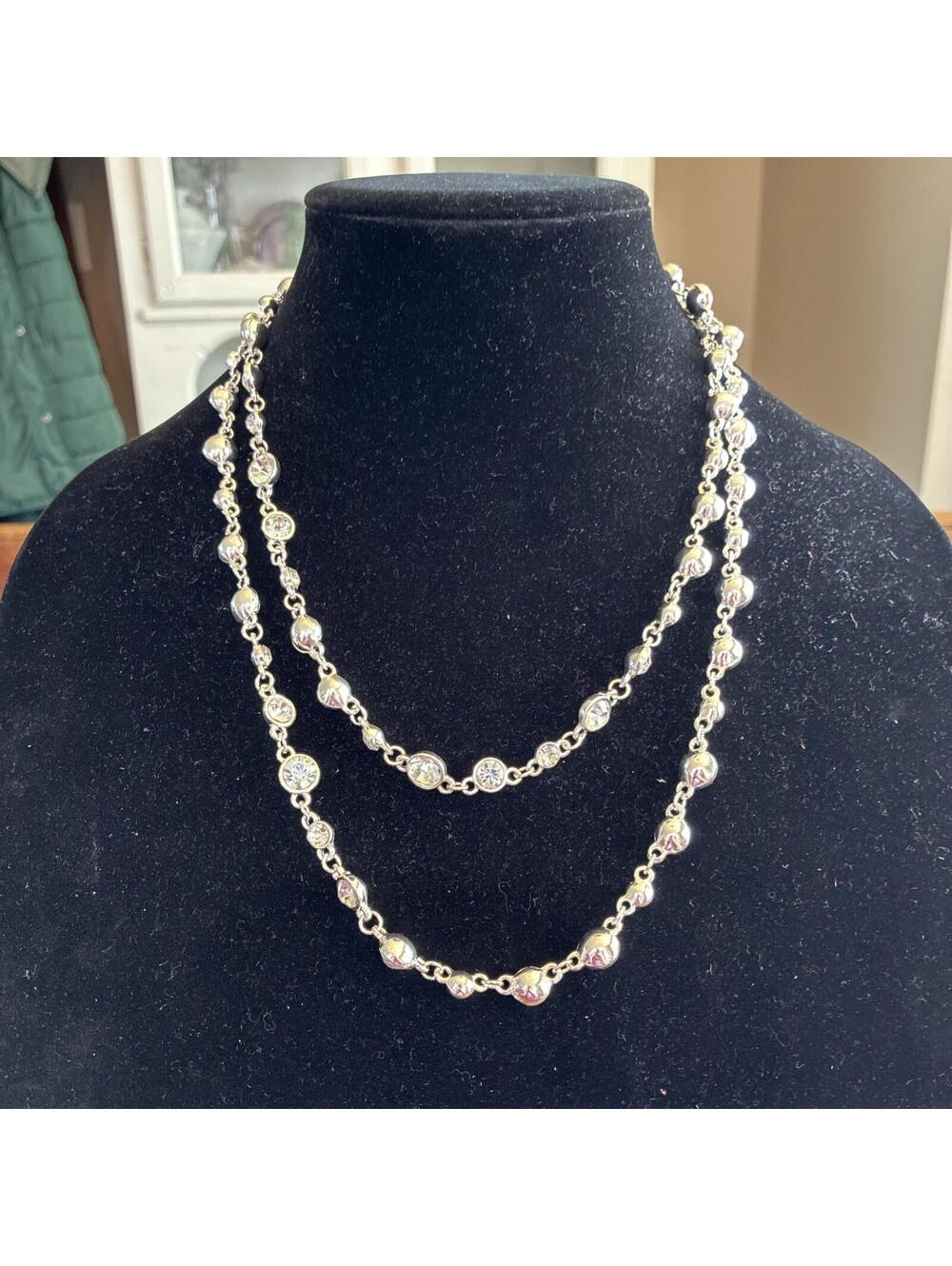 Chicos Necklace Silver Tone Crystal Rhinestone Beaded Station Long 40 In